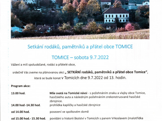 Setkání rodáků, pamětníků a přátel obce Tomice - sobota 9.7.2022 od 13.hod.